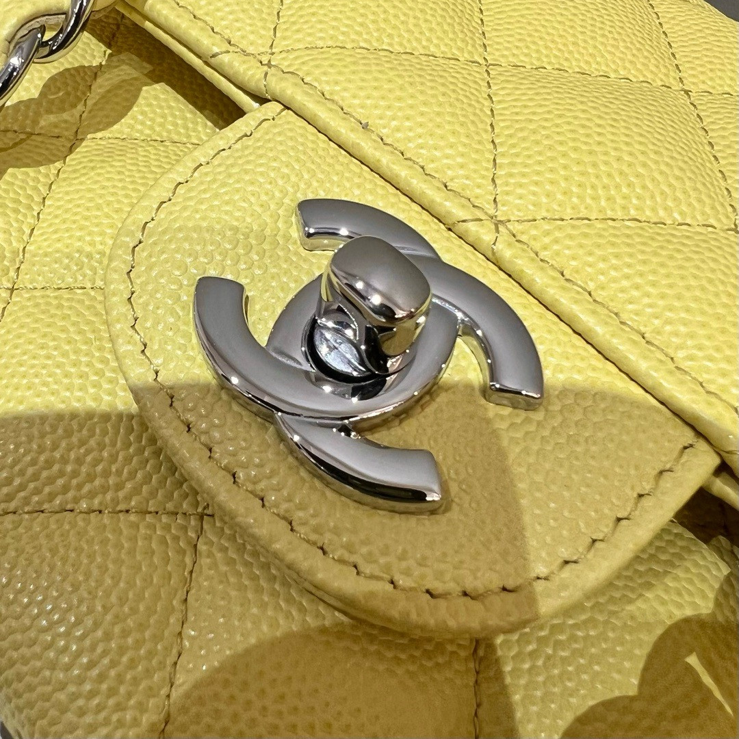 CHANEL CLASSIC HANDBAG GRAINED CALFSKIN & SILVER - TONE METAL Yellow 6×9.9×2.5in