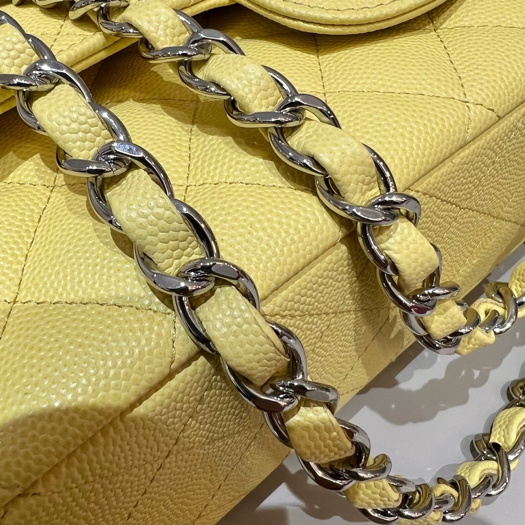 CHANEL CLASSIC HANDBAG GRAINED CALFSKIN & SILVER - TONE METAL Yellow 6×9.9×2.5in