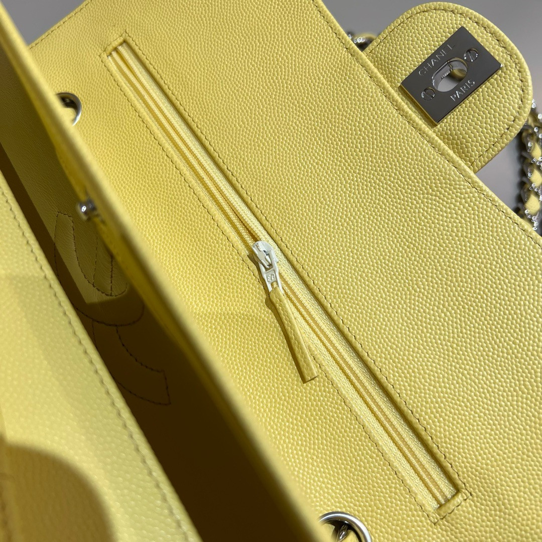 CHANEL CLASSIC HANDBAG GRAINED CALFSKIN & SILVER - TONE METAL Yellow 6×9.9×2.5in