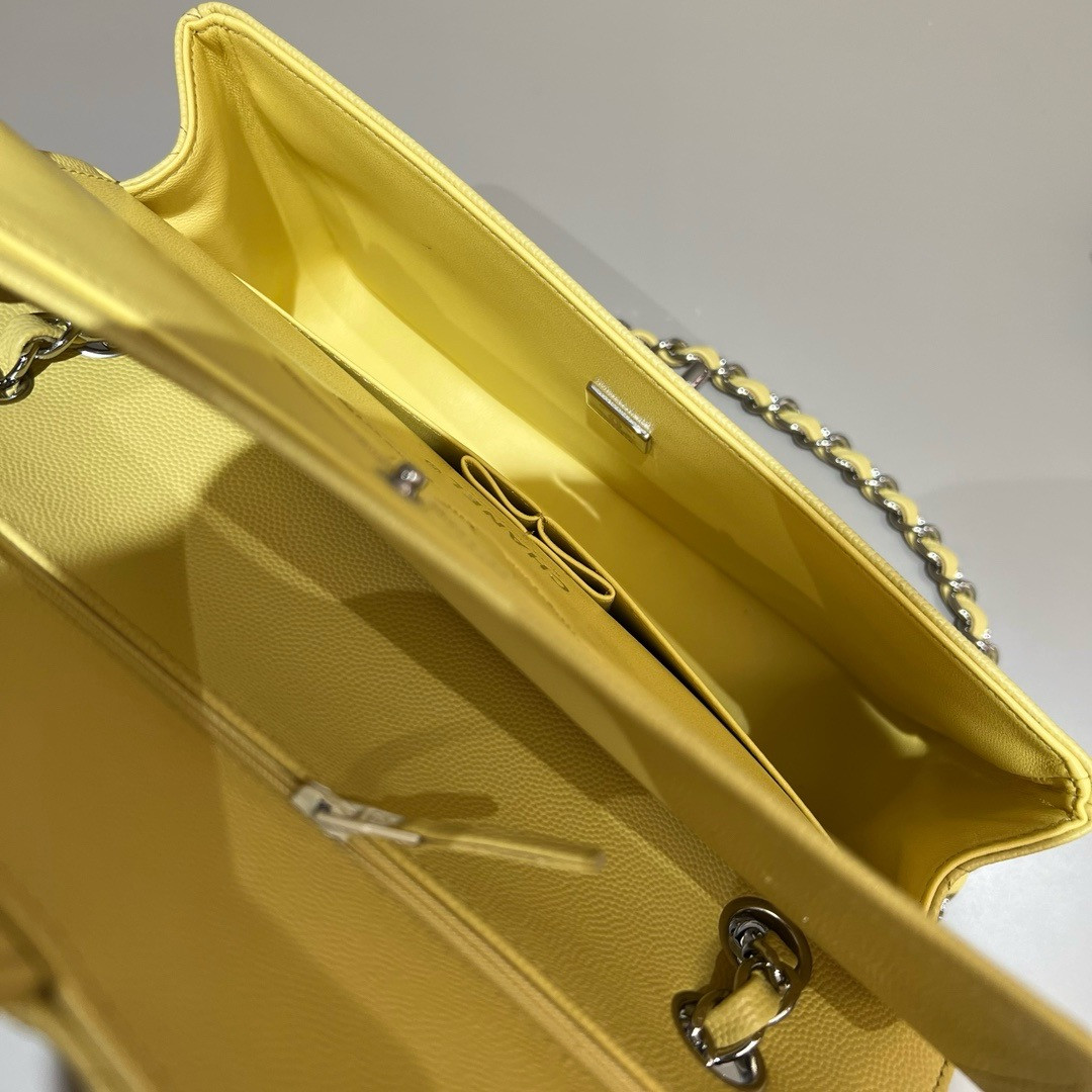 CHANEL CLASSIC HANDBAG GRAINED CALFSKIN & SILVER - TONE METAL Yellow 6×9.9×2.5in