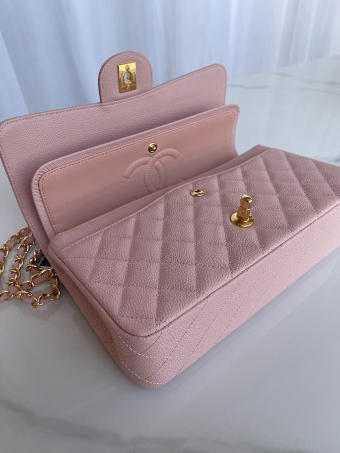 CHANEL CLASSIC HANDBAG GRAINED CALFSKIN & GOLD-TONE METAL PINK 6 × 9.9 × 2.5 in