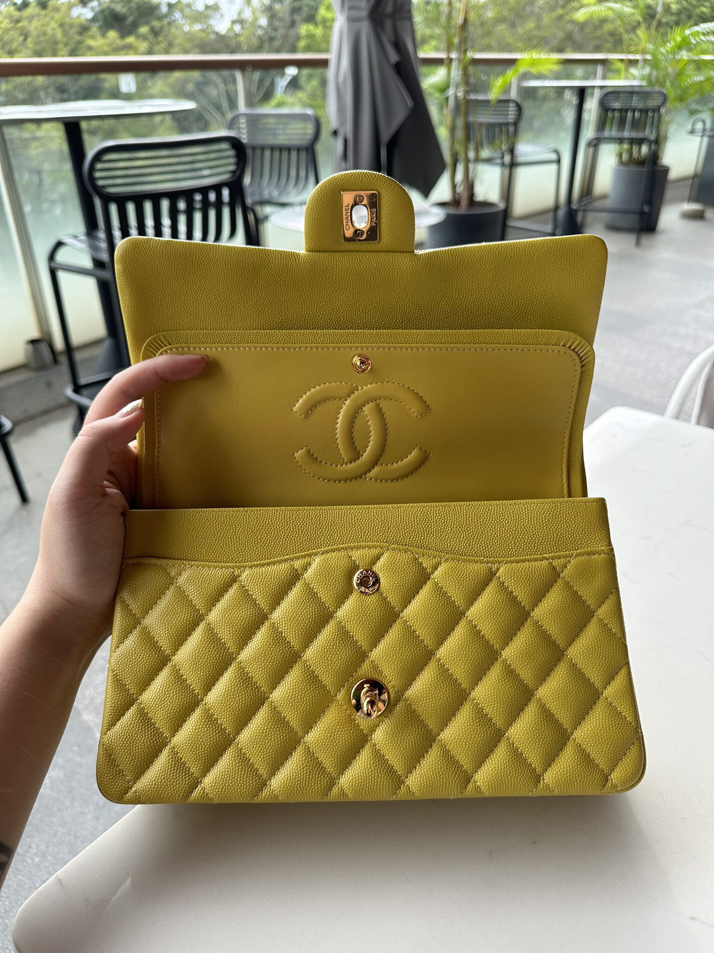 CHANEL CLASSIC HANDBAG GRAINED CALFSKIN & GOLD-TONE METAL yellow 6×9.9×2.5 in