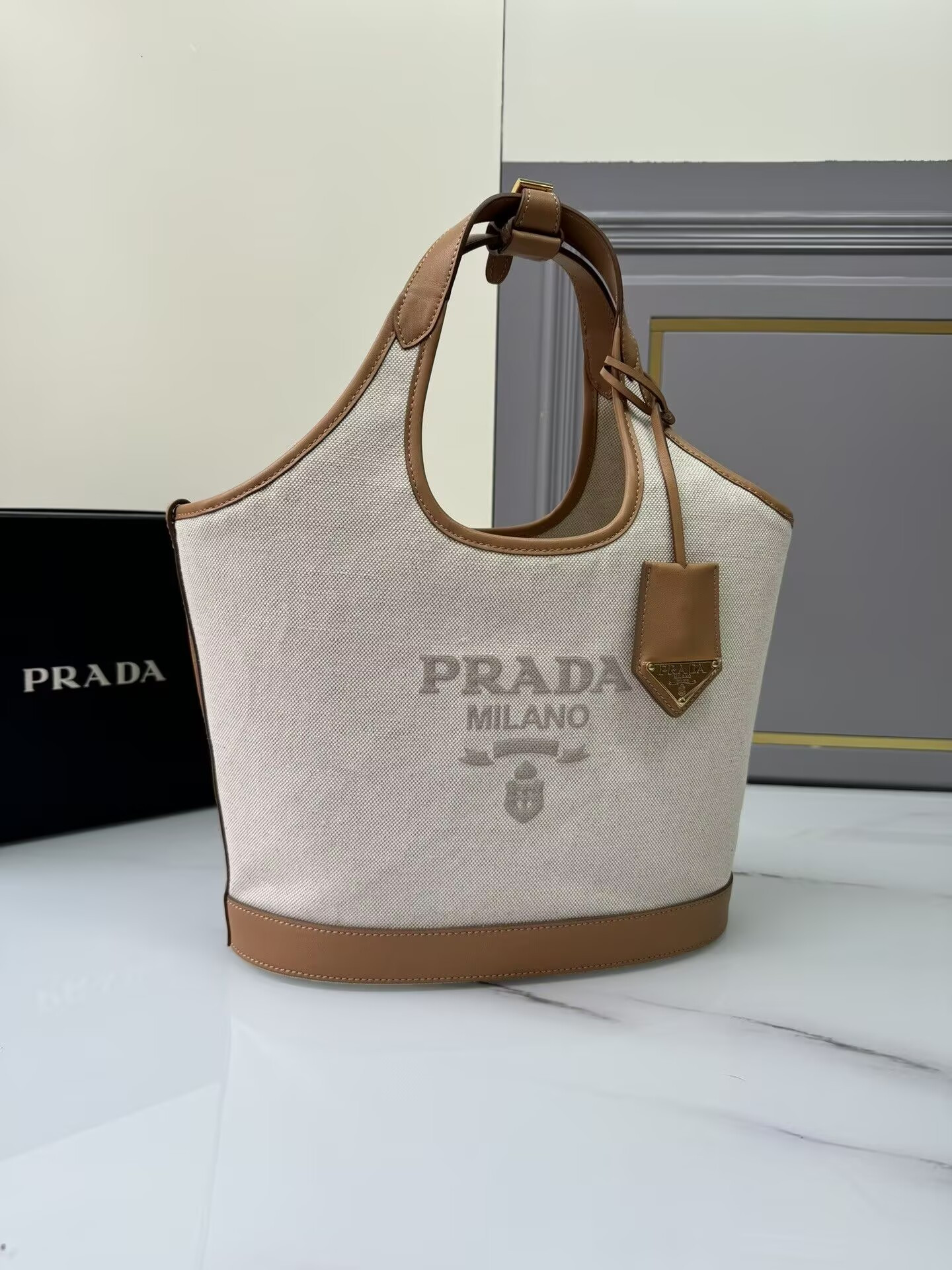Prada Natural Medium Linen Blend And Leather Tote Bag 28x22.5x12.5cm