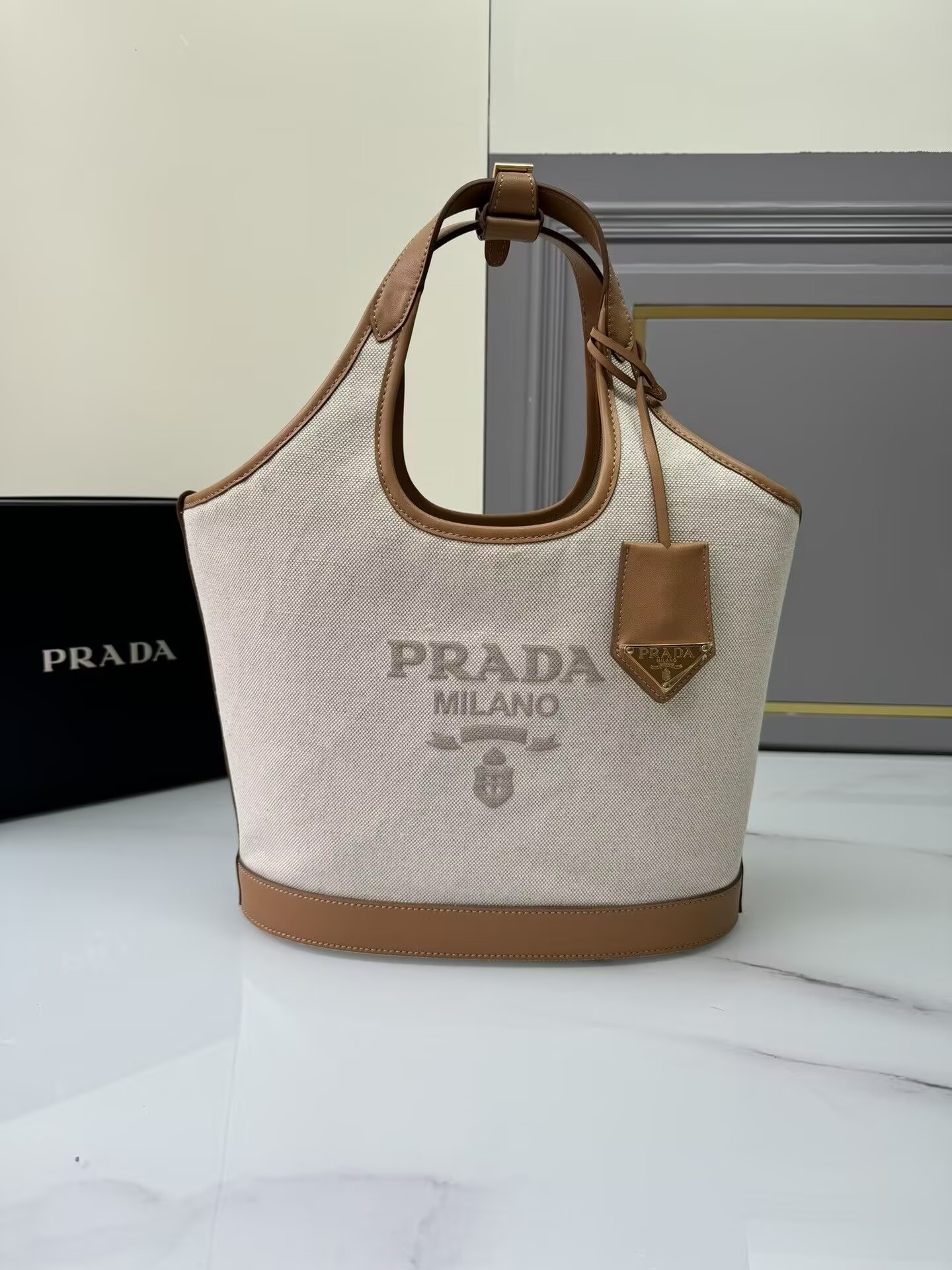Prada Natural Medium Linen Blend And Leather Tote Bag 28x22.5x12.5cm