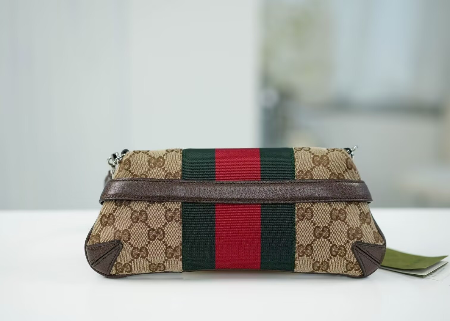 Gucci Monogram Textured Dollar Calfskin Heavy Grosgrain Web Medium Maxi Horsebit Chain Shoulder Bag 27x11.5x5cm