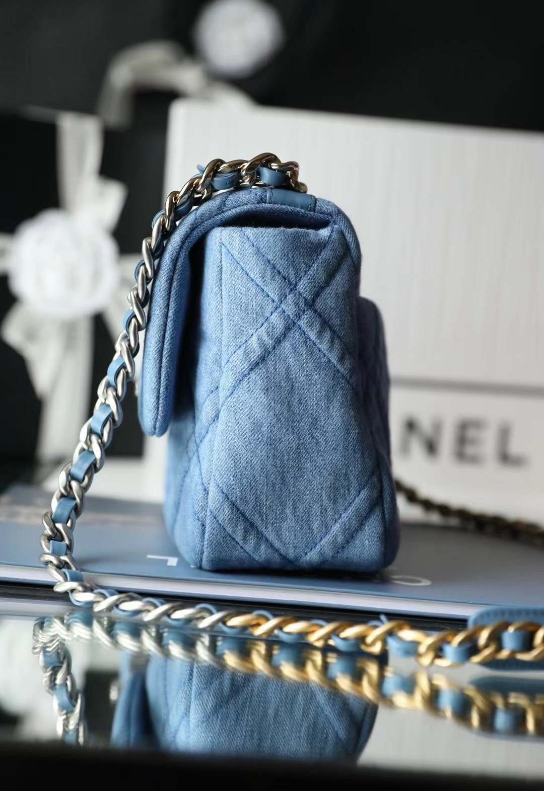 Chanel denim quilted medium 19 bag 30cm