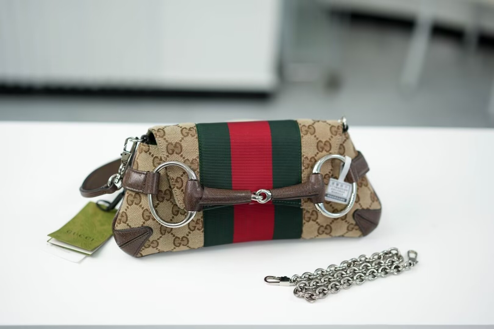 Gucci Monogram Textured Dollar Calfskin Heavy Grosgrain Web Medium Maxi Horsebit Chain Shoulder Bag 27x11.5x5cm