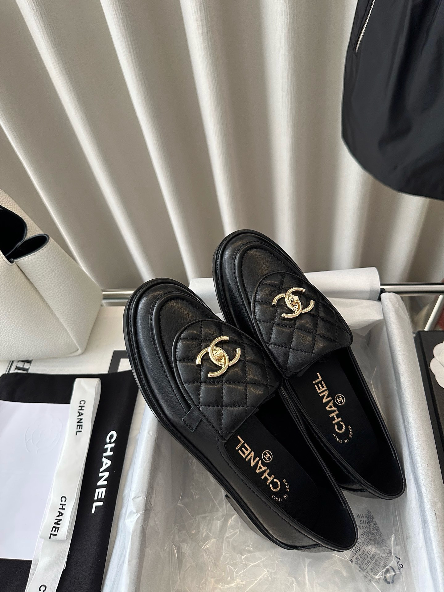 Chanel Quilted Tab Loafers  Black Leather