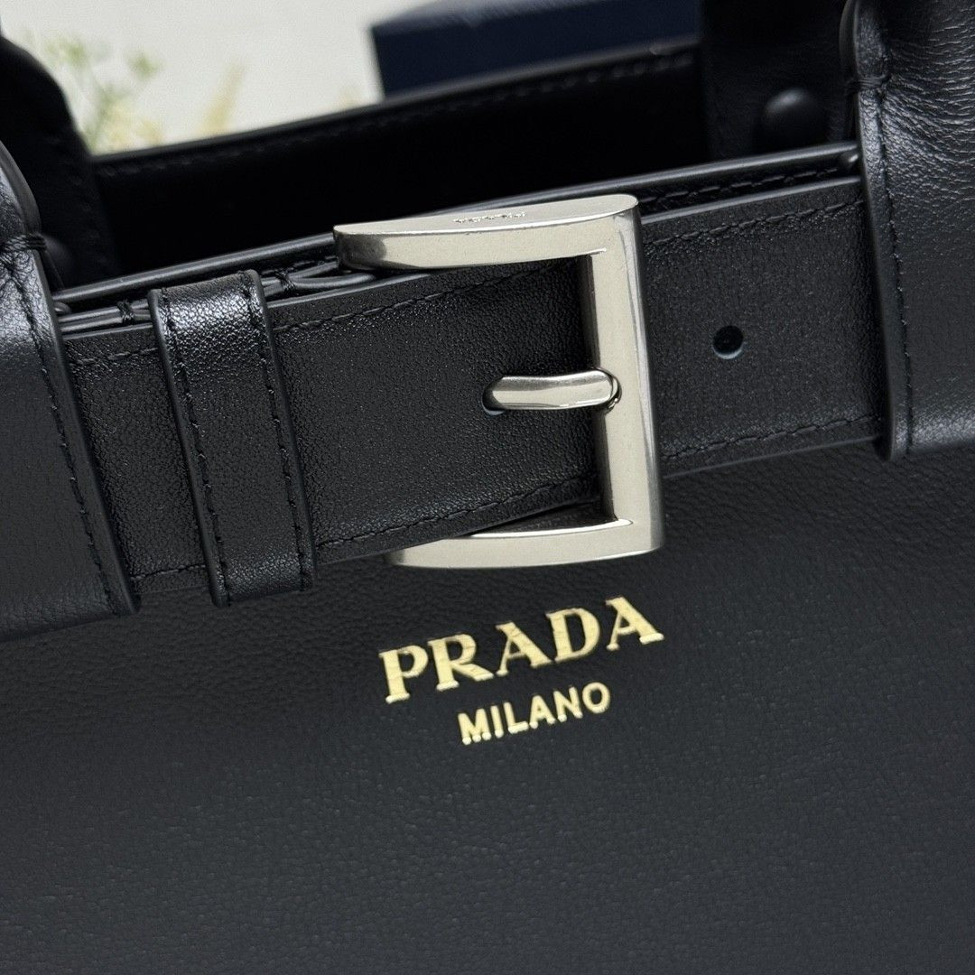 Prada Buckle leather bag with belt Black 25x35x14cm