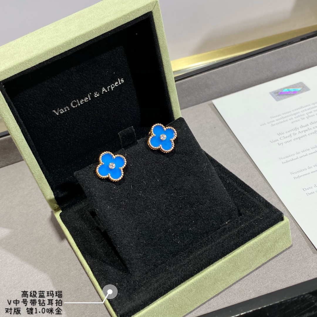 Van Cleef & Arpels Sapphire Blue Agate Diamond Four-Leaf Clover Earrings