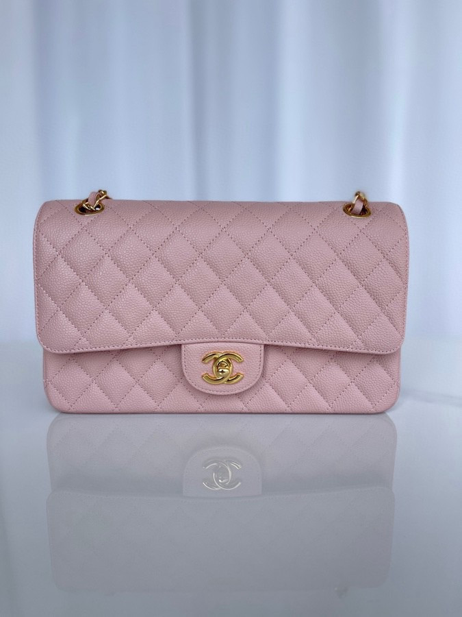 CHANEL CLASSIC HANDBAG GRAINED CALFSKIN & GOLD-TONE METAL PINK 6 × 9.9 × 2.5 in