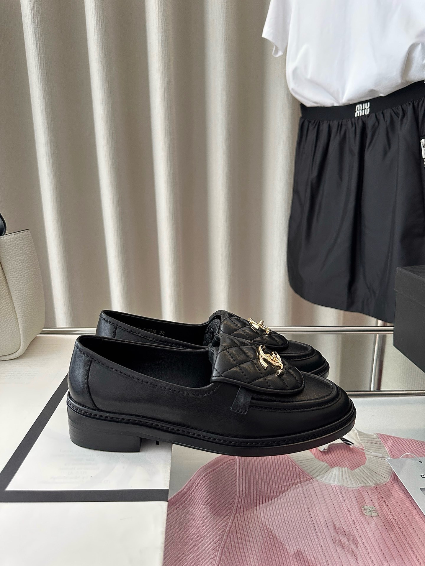 Chanel Quilted Tab Loafers  Black Leather