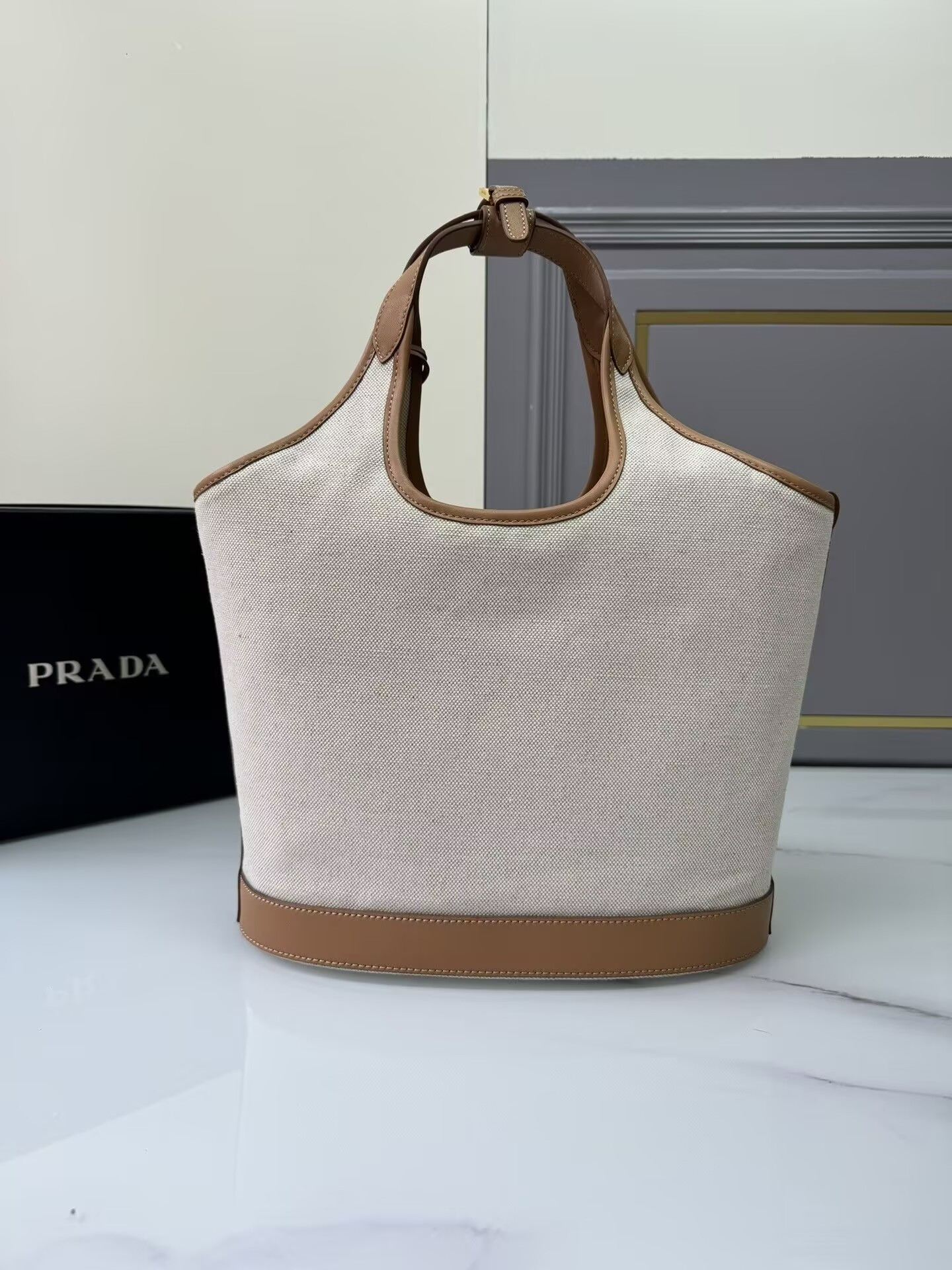 Prada Natural Medium Linen Blend And Leather Tote Bag 28x22.5x12.5cm
