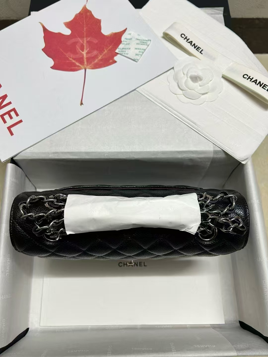 CHANEL SMALL CLASSIC HANDBAG Grained Calfskin & Silver-Tone Metal Black 5.7 × 9 × 2.3 in