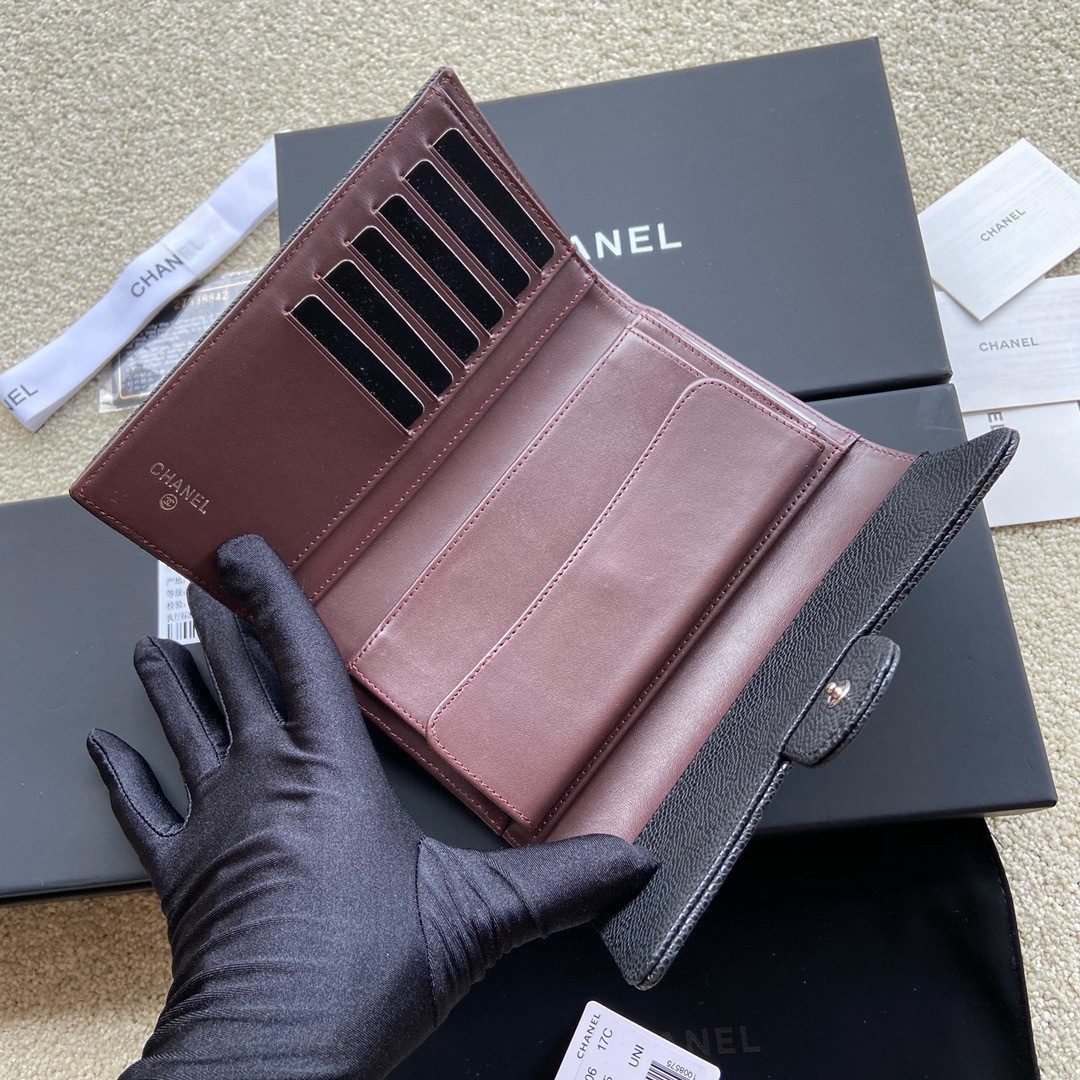 CHANEL FLAP WALLET GRAINED LEATHER BLACK 19.5 x10 cm