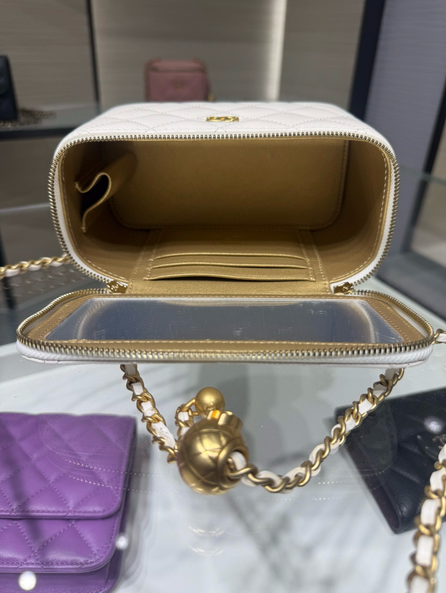 CHANEL Walnut Gold Ball Chain with Makeup Mirror Lamb Leather Square Box Shoulder Bag Women