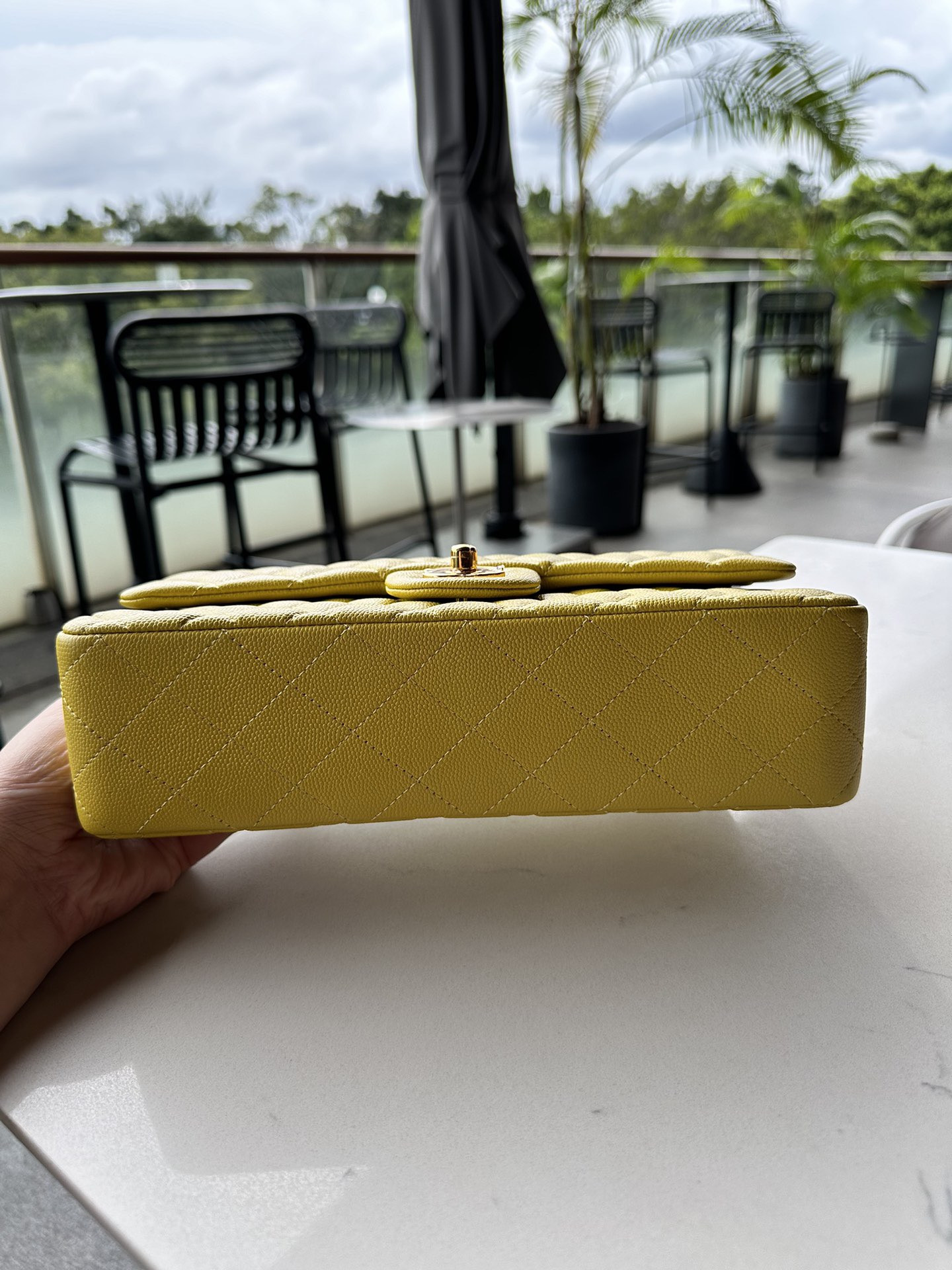 CHANEL CLASSIC HANDBAG GRAINED CALFSKIN & GOLD-TONE METAL yellow 6×9.9×2.5 in