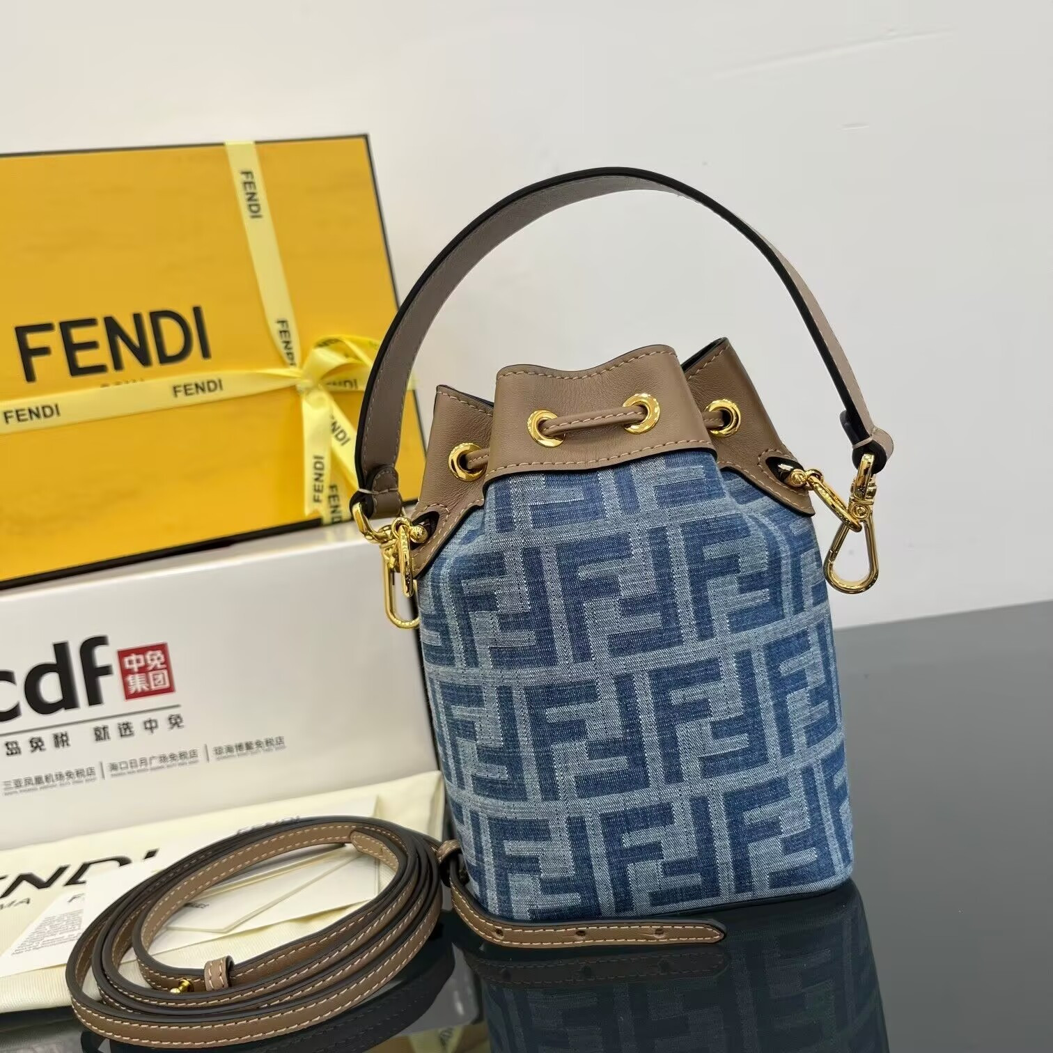 Fendi Mon Tresor Mini Ff Denim Fabric Bucket Bag 18x12x10cm