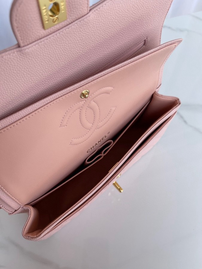 CHANEL CLASSIC HANDBAG GRAINED CALFSKIN & GOLD-TONE METAL PINK 6 × 9.9 × 2.5 in