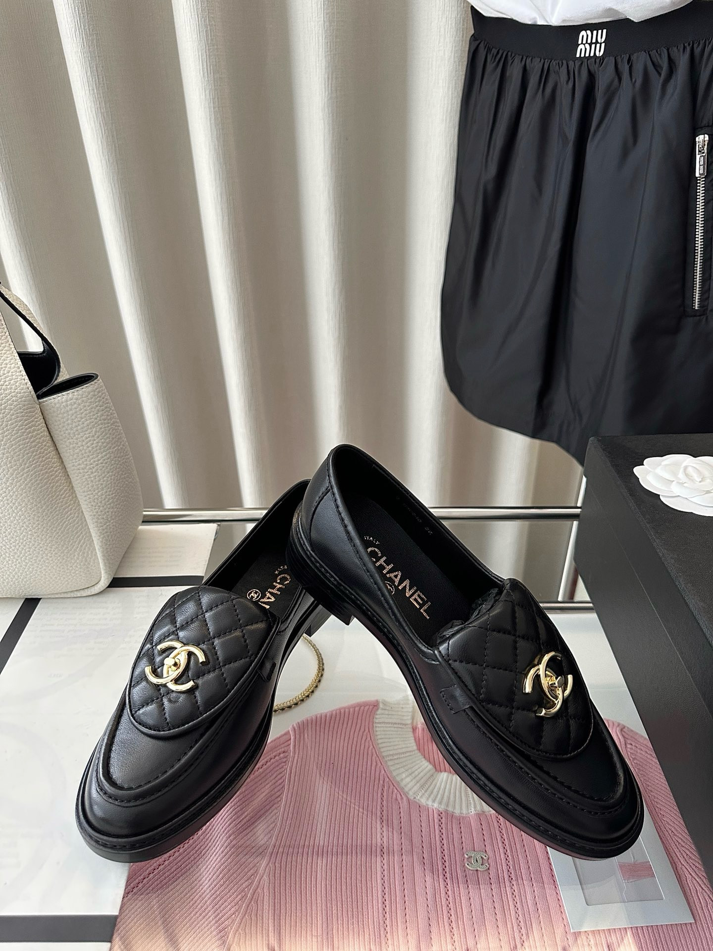 Chanel Quilted Tab Loafers  Black Leather