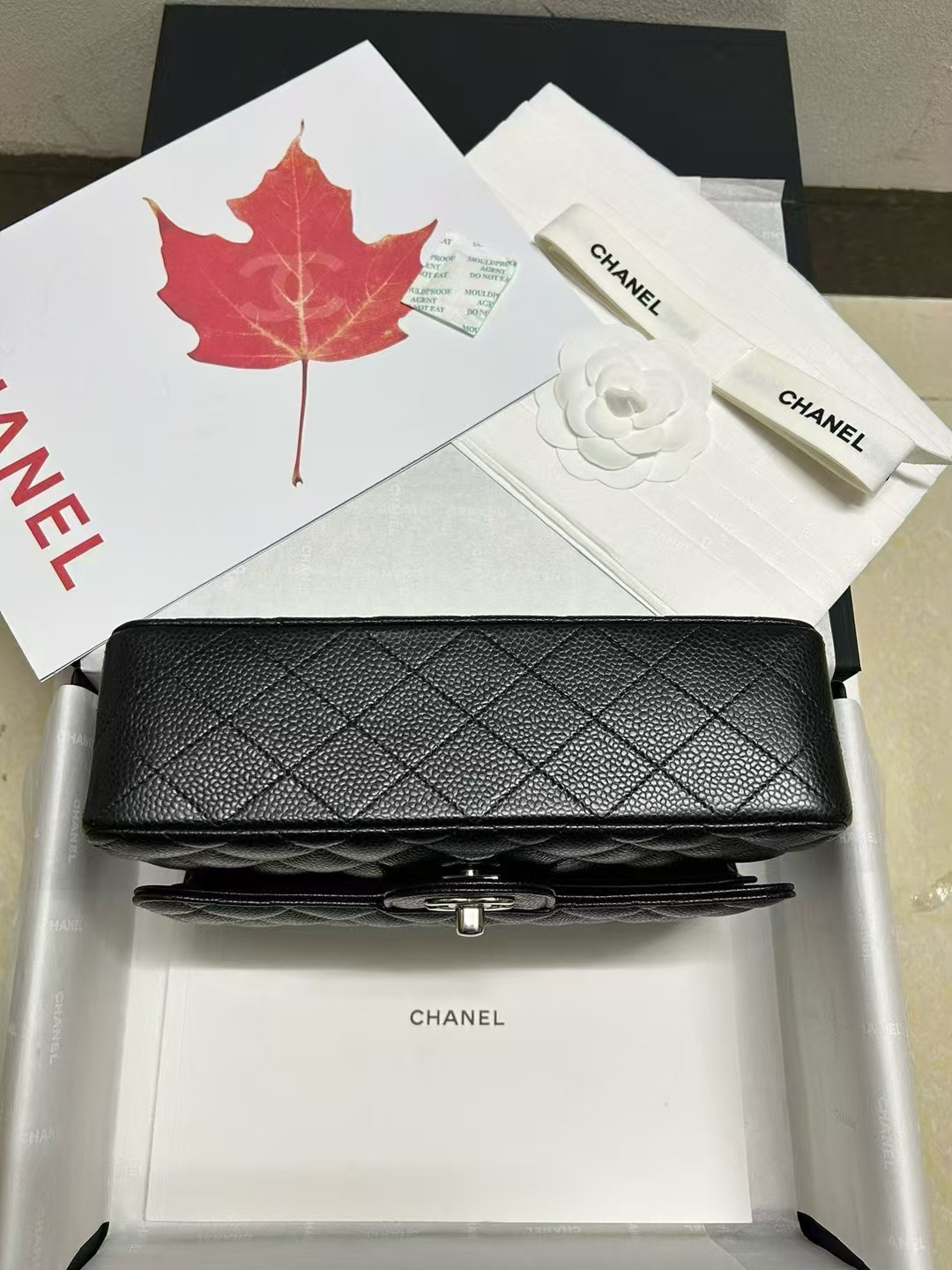 CHANEL SMALL CLASSIC HANDBAG Grained Calfskin & Silver-Tone Metal Black 5.7 × 9 × 2.3 in