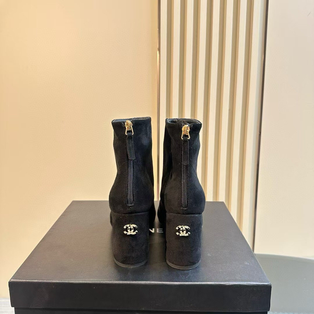 Chanel Short Boots Suede Calfskin & Lambskin Black