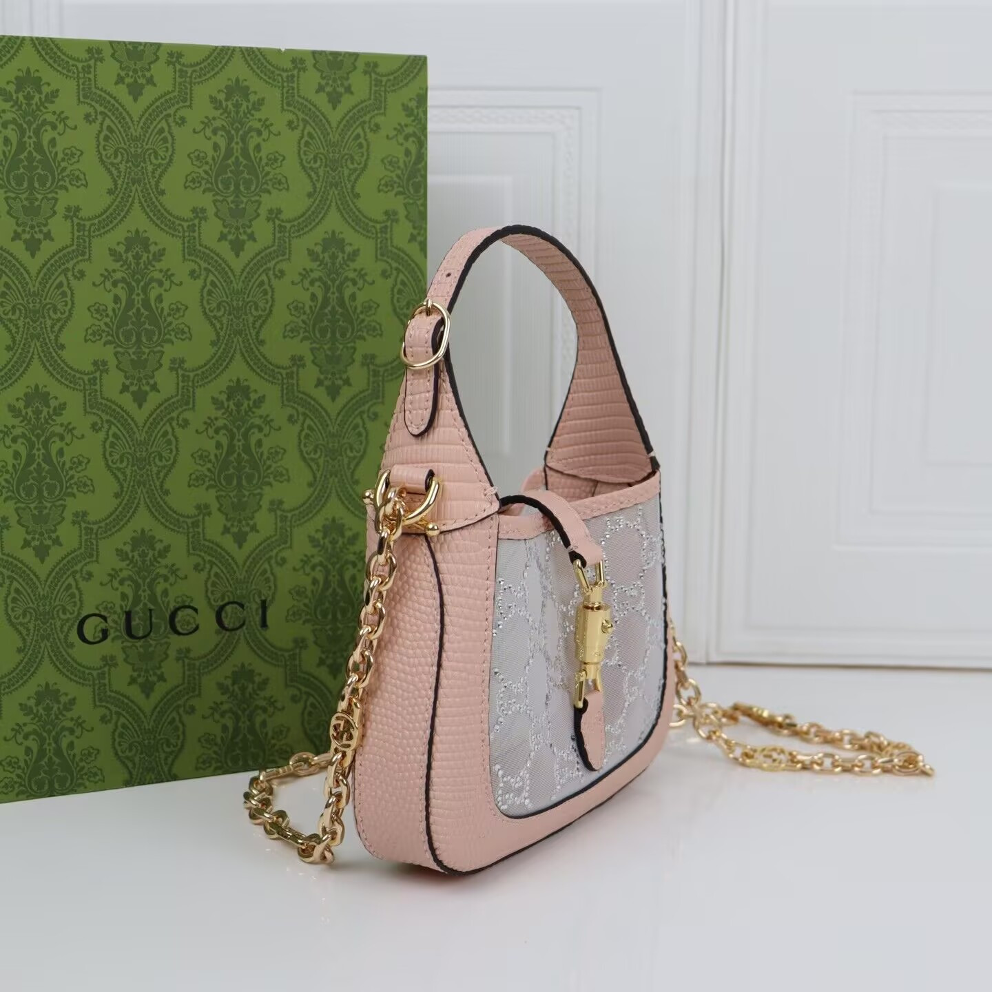 Gucci Jackie 1961 mini crystal GG lizard bag 19x13x3cm