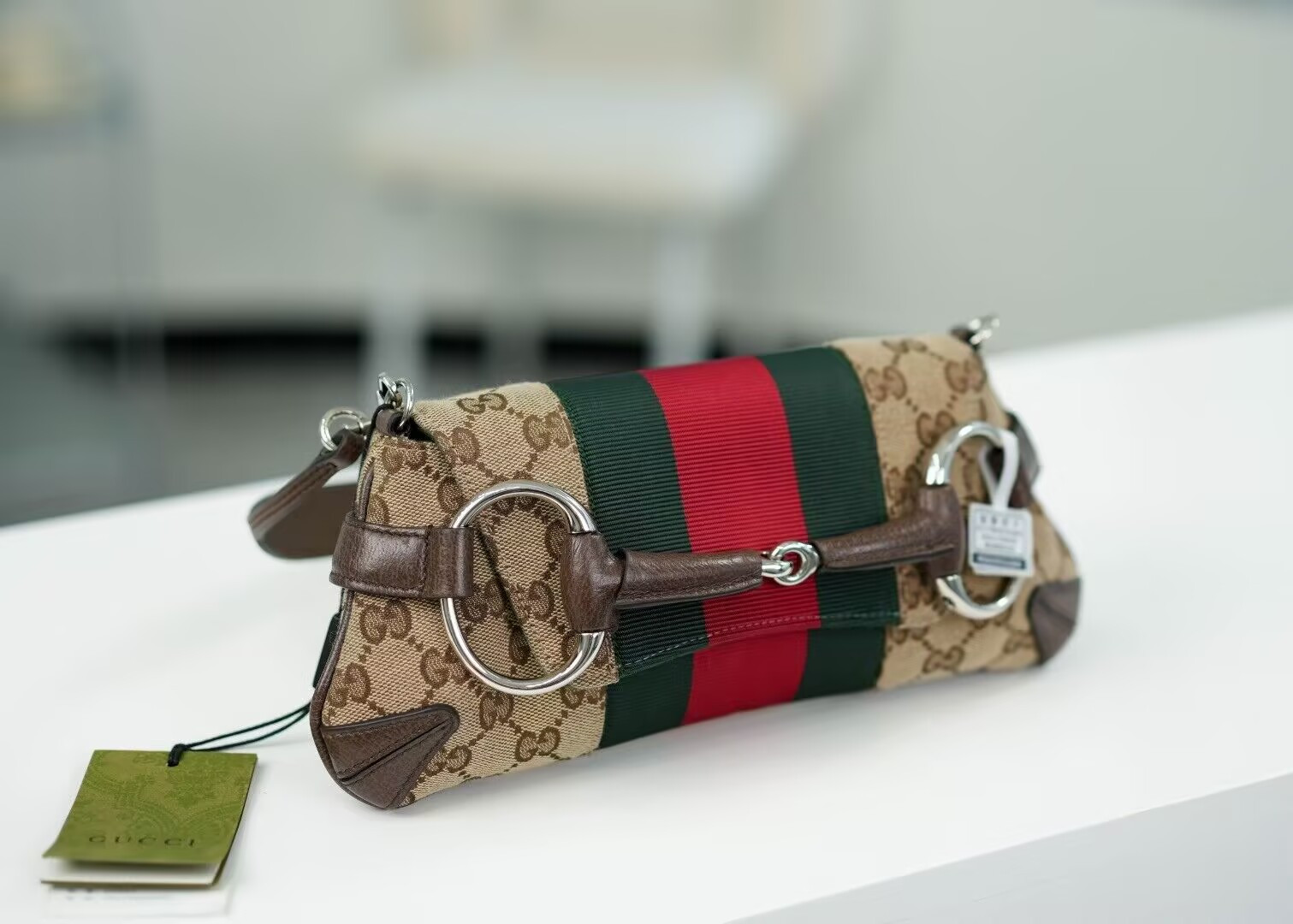 Gucci Monogram Textured Dollar Calfskin Heavy Grosgrain Web Medium Maxi Horsebit Chain Shoulder Bag 27x11.5x5cm