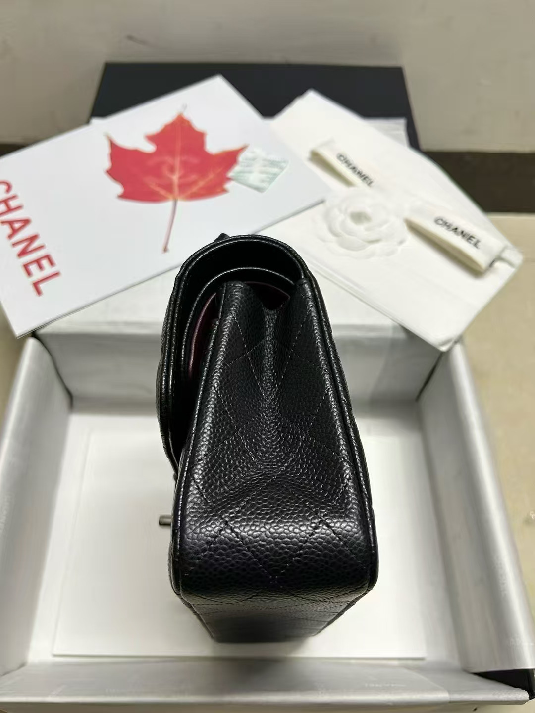 CHANEL SMALL CLASSIC HANDBAG Grained Calfskin & Silver-Tone Metal Black 5.7 × 9 × 2.3 in