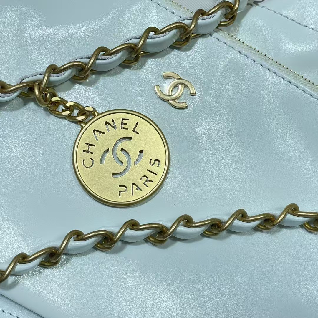 CHANEL 22 SMALL HANDBAG Shiny Calfskin Light Blue 37X35X7cm