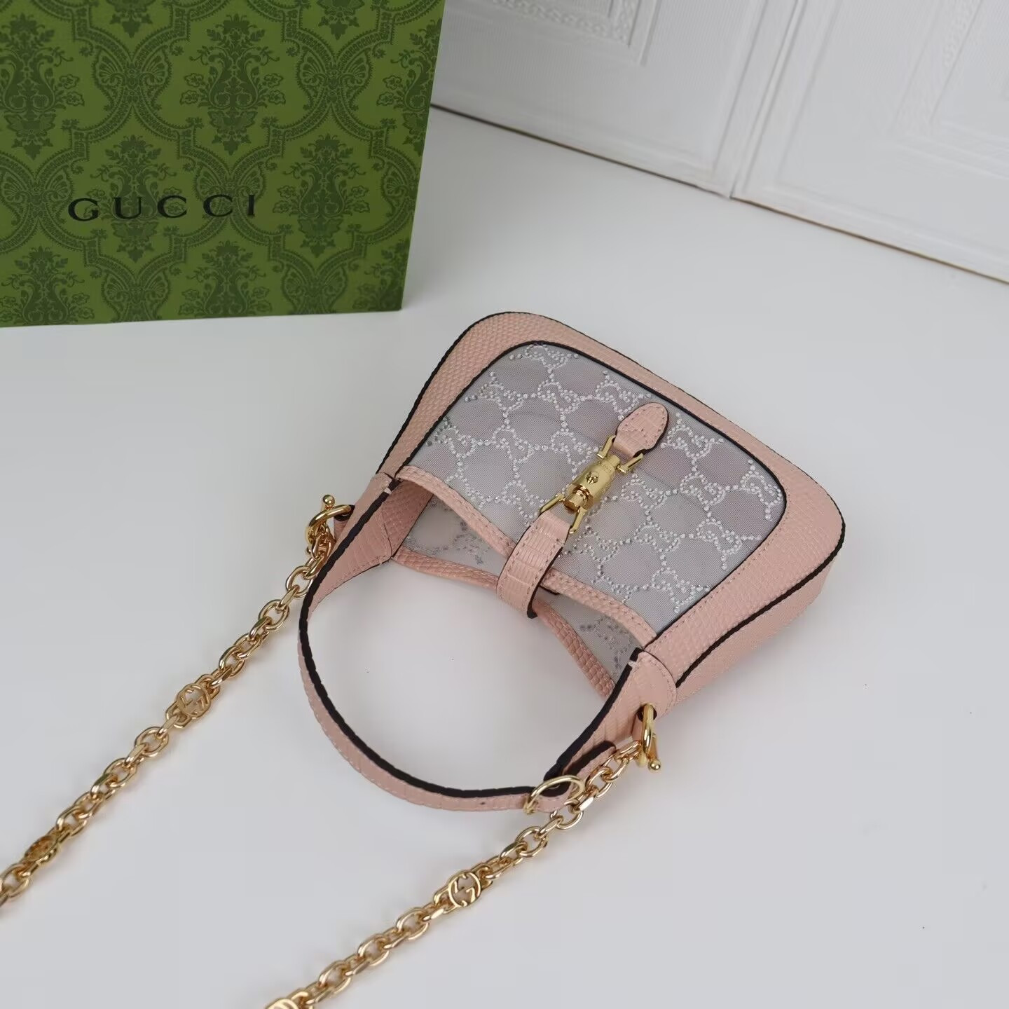 Gucci Jackie 1961 mini crystal GG lizard bag 19x13x3cm