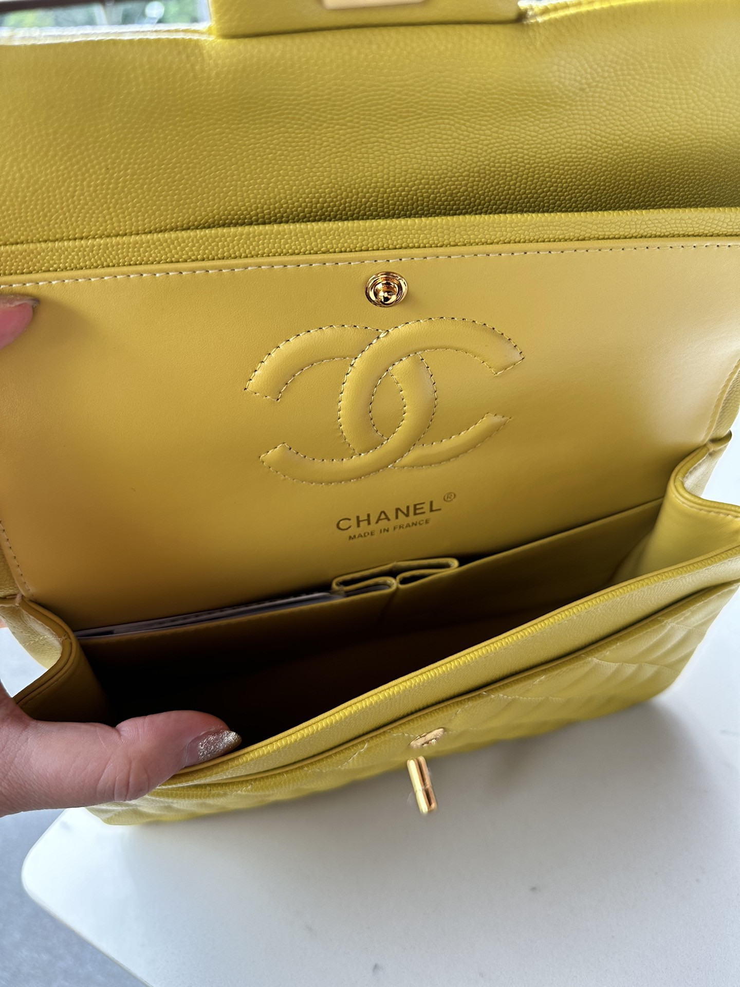 CHANEL CLASSIC HANDBAG GRAINED CALFSKIN & GOLD-TONE METAL yellow 6×9.9×2.5 in