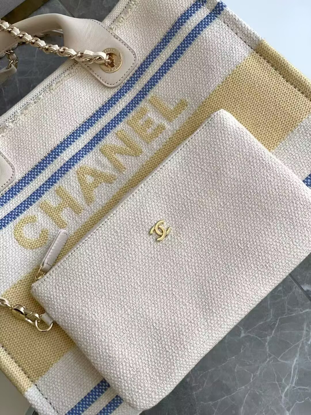 Chanel Shopping Bag Cotton Canvas & Gold-Tone Metal 34x27x16cm