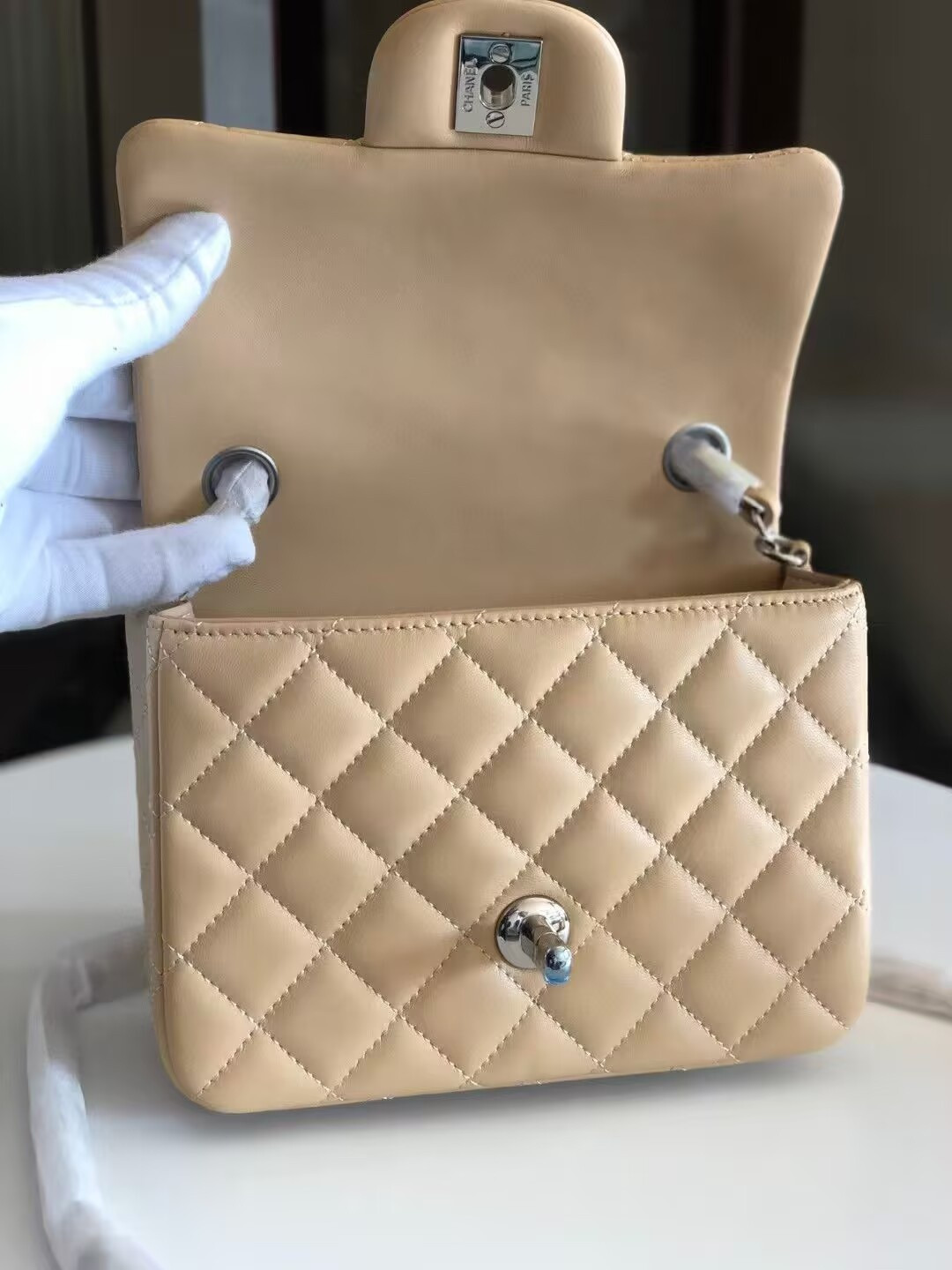 Chanel Mini Classic Handbag Lambskin & Silver-Tone Metal 13.5x 17x8cm