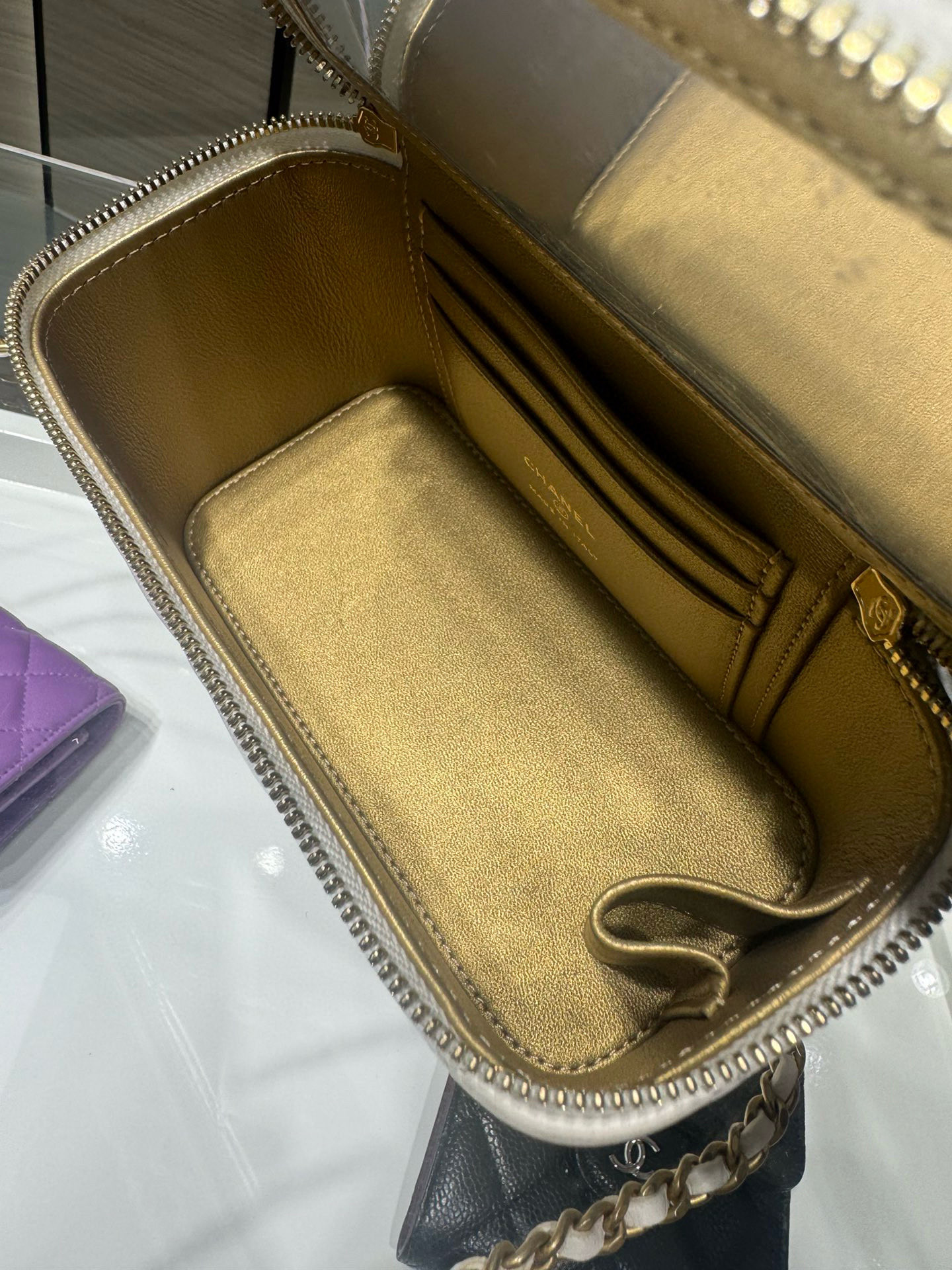 CHANEL Walnut Gold Ball Chain with Makeup Mirror Lamb Leather Square Box Shoulder Bag Women