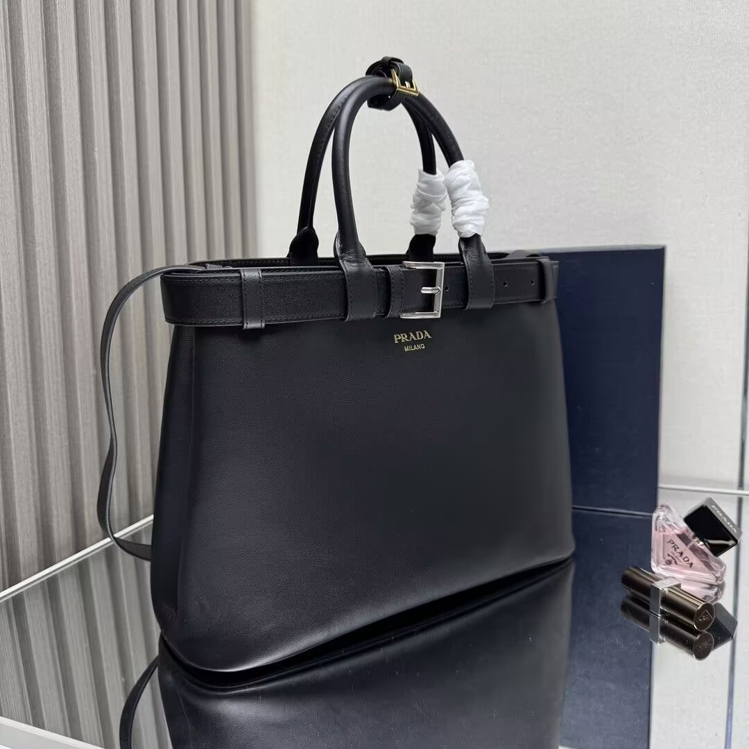 Prada Buckle leather bag with belt Black 25x35x14cm