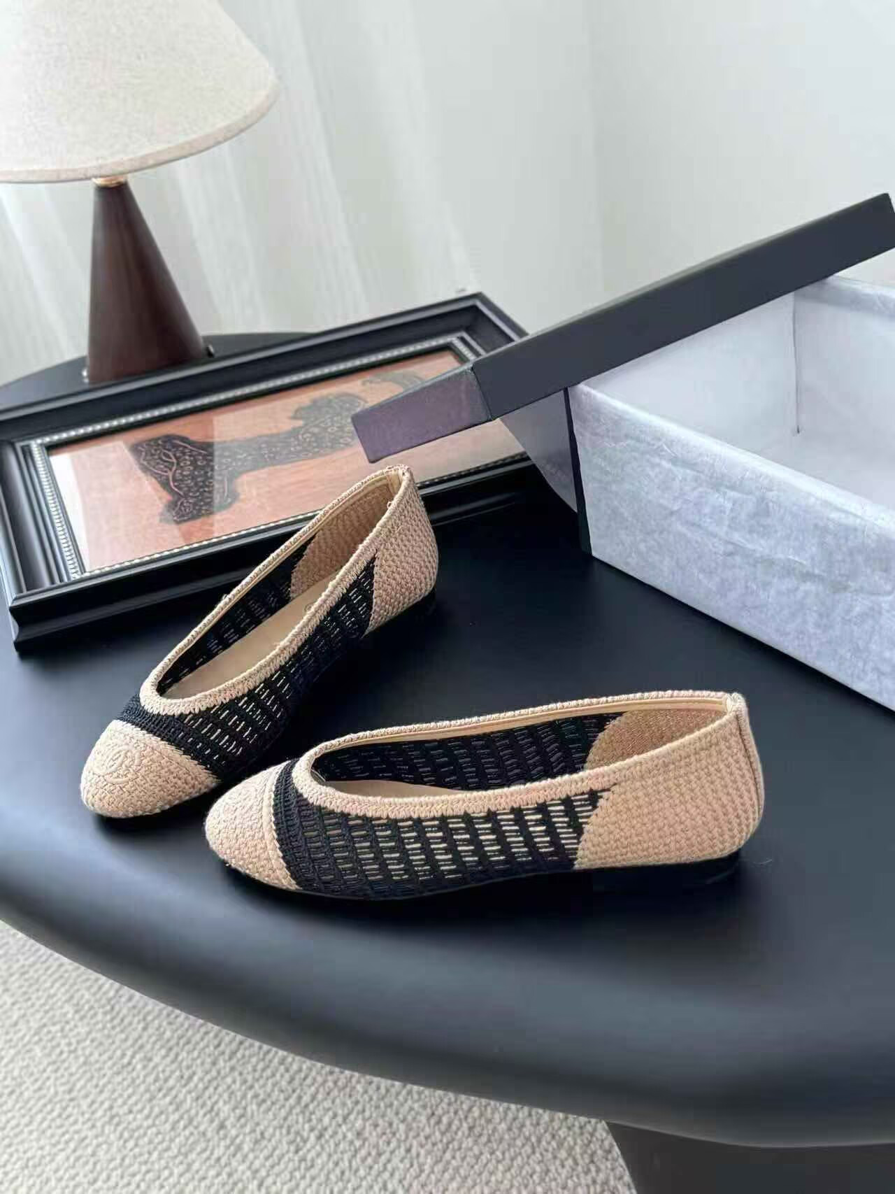 UA Chanel Raffia Cap Toe Ballet Flats