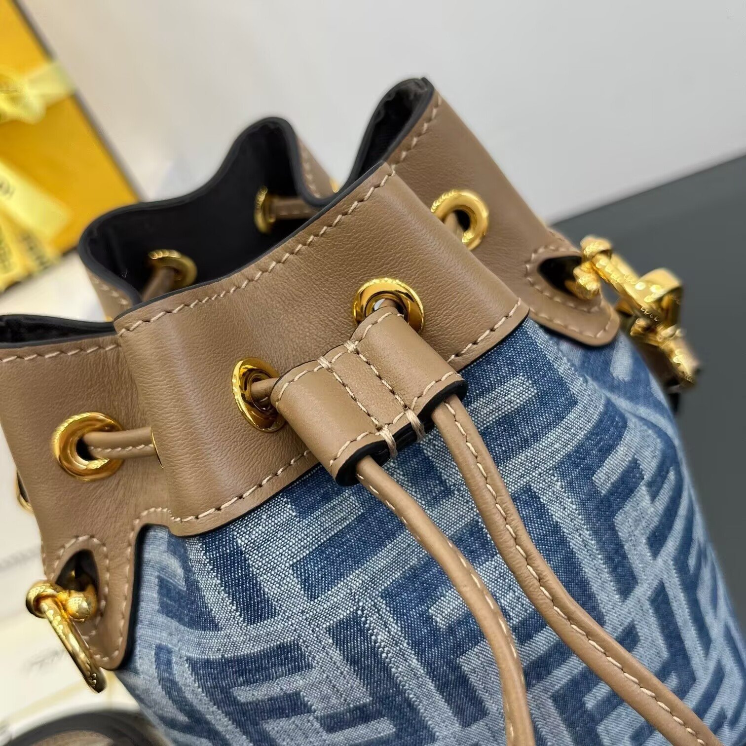 Fendi Mon Tresor Mini Ff Denim Fabric Bucket Bag 18x12x10cm