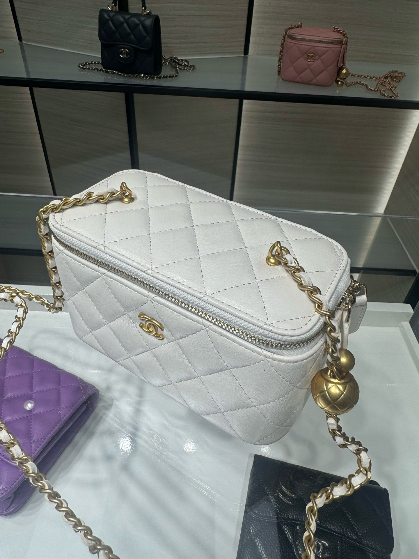 CHANEL Walnut Gold Ball Chain with Makeup Mirror Lamb Leather Square Box Shoulder Bag Women