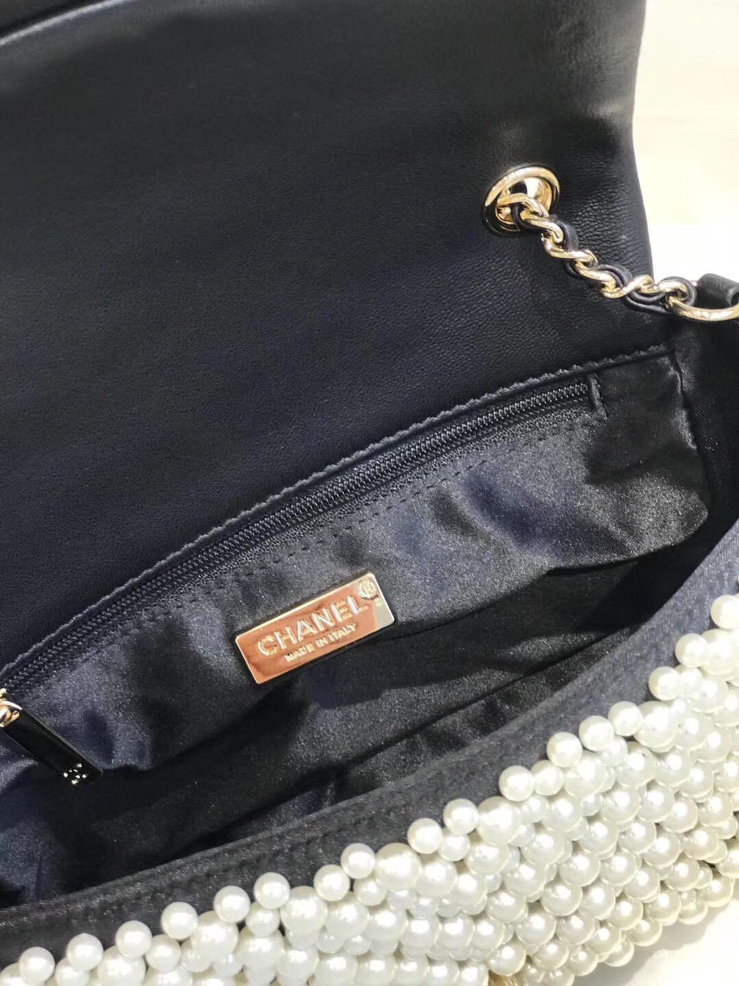 Chanel pearl on flap bag 5.9
