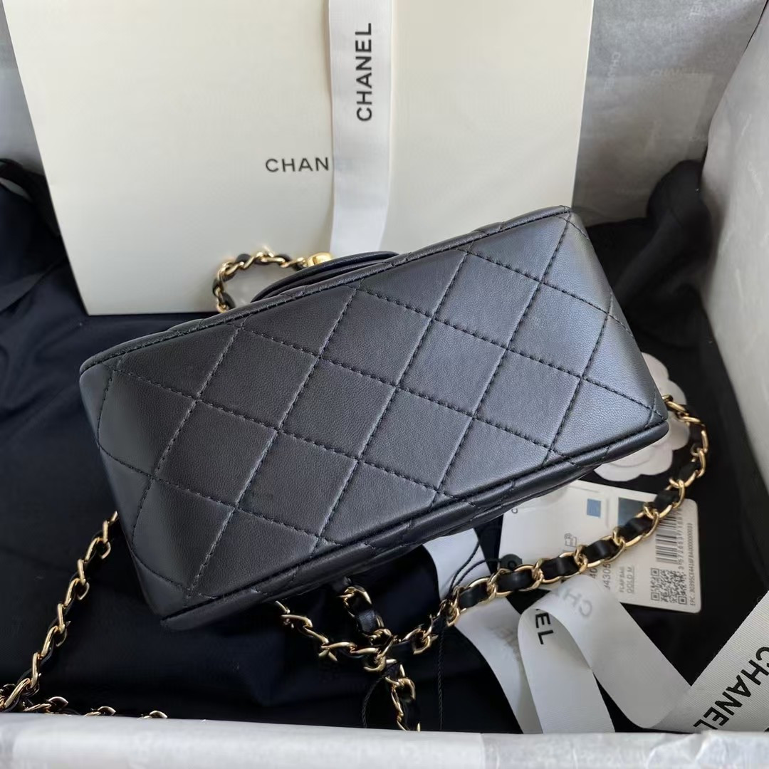 Chanel Mini Classic Handbag Lambskin & Gold-Tone Metal Black 5.3 × 6.6 × 3.1 in