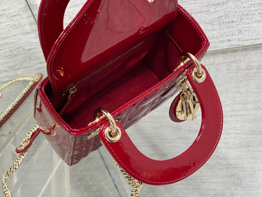 Mini Lady Dior Bag Cherry Red Patent Cannage Calfskin 6.5 x 6 x 3 inches