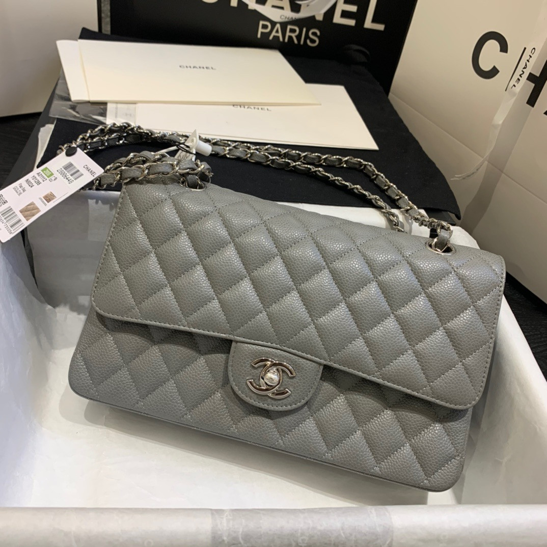 CHANEL Classic Handbag in Grained Litchi Pattern Calfskin & Silver-Tone Metal, Gray 6 × 9.9 × 2.5 inches