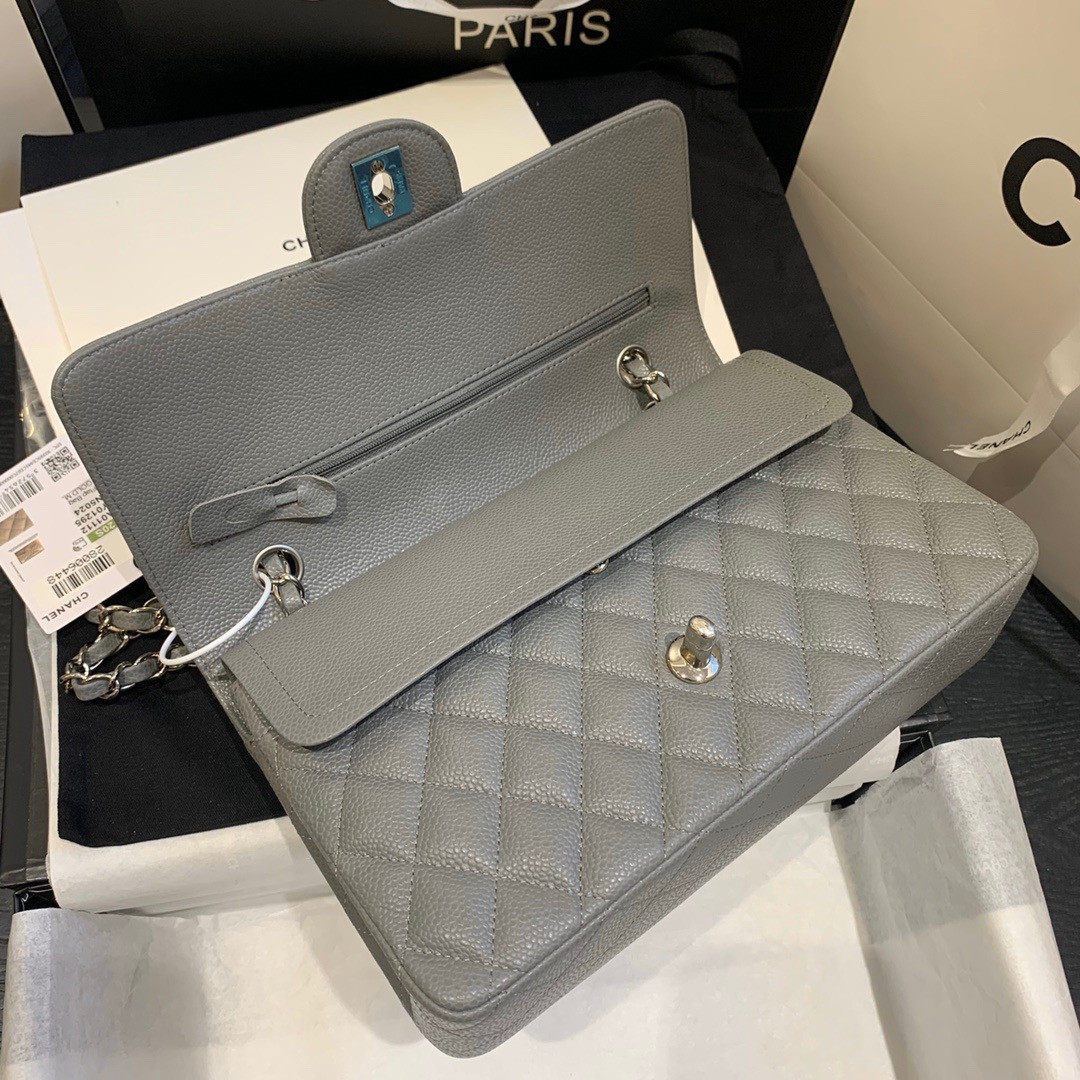 CHANEL Classic Handbag in Grained Litchi Pattern Calfskin & Silver-Tone Metal, Gray 6 × 9.9 × 2.5 inches