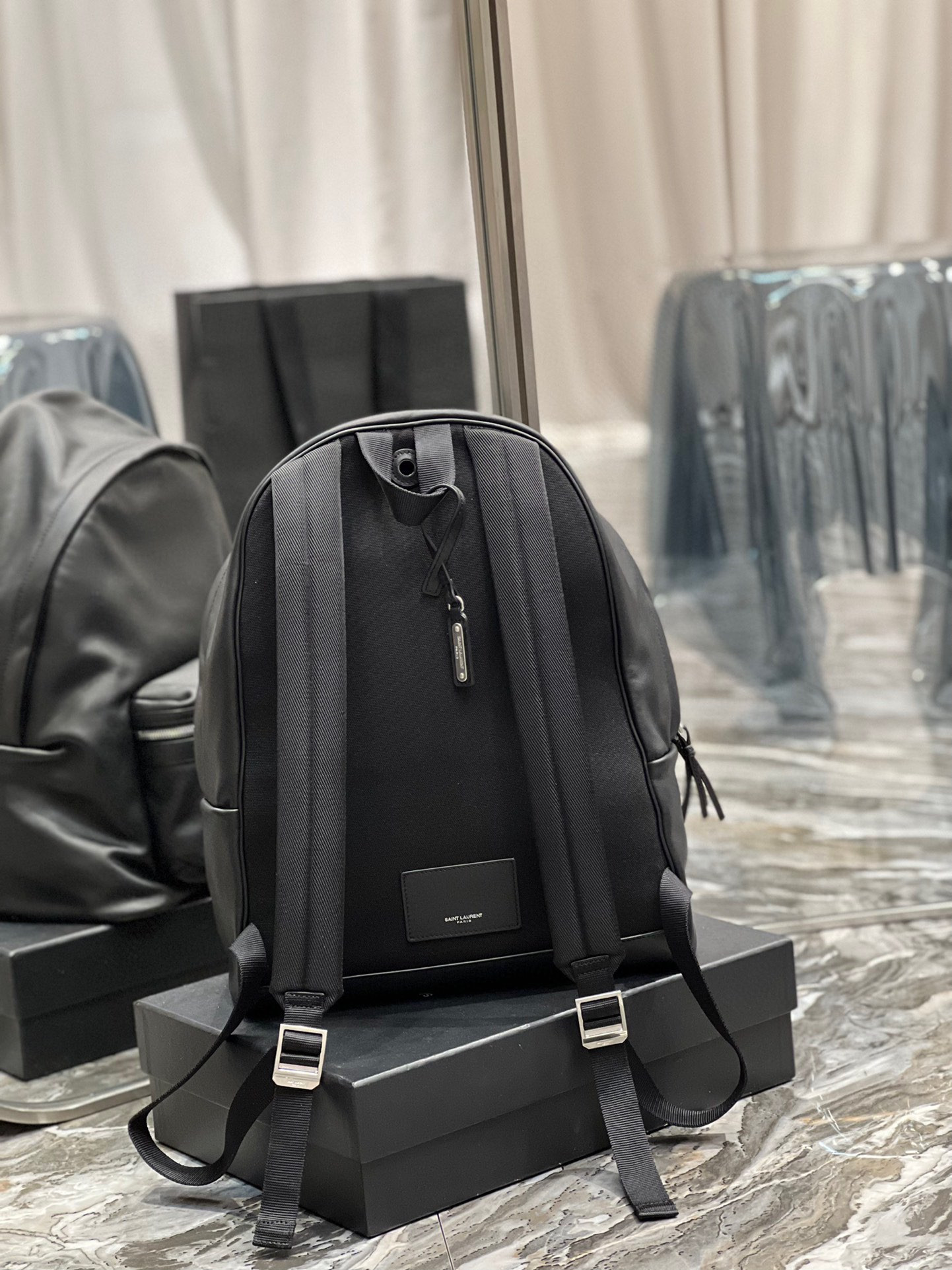 YSL CITY BACKPACK IN CANVAS, NYLON AND LEATHER 31 X 41 X 22 CM 12.2 X 16.1 X 8.6 INCHES