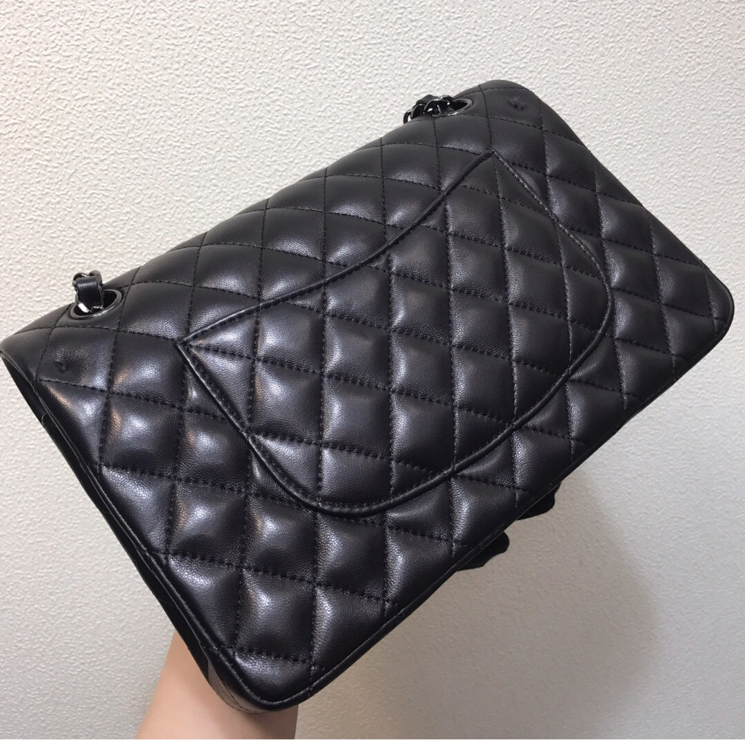 CHANEL CRUMPLED CALFSKIN QUITED DOUBLE FLAP BLACK 15.5x25.5x6.5cm