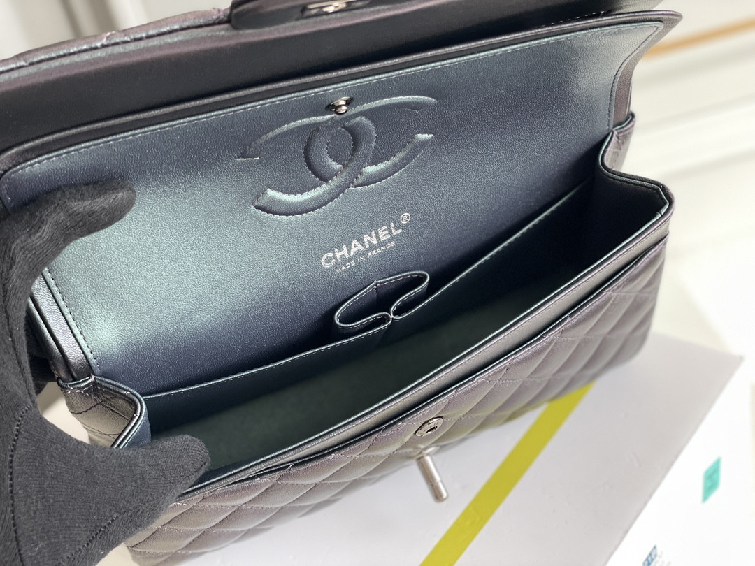 CHANEL CRUMPLED CALFSKIN QUITED DOUBLE FLAP BLACK 19.5×30×10cm