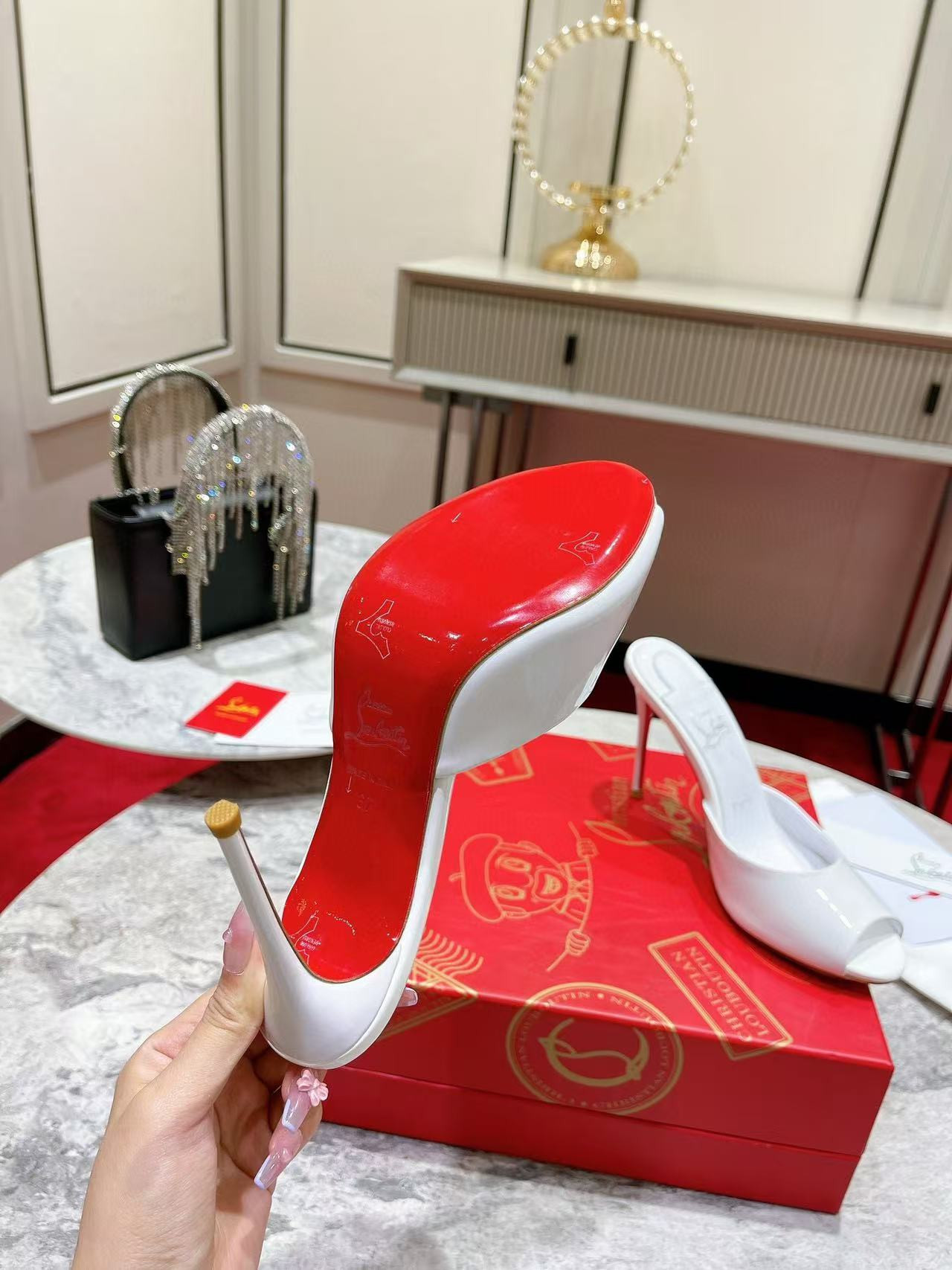 UA Christian Louboutin Bridal Me Dolly 100 Patent Leather Mules