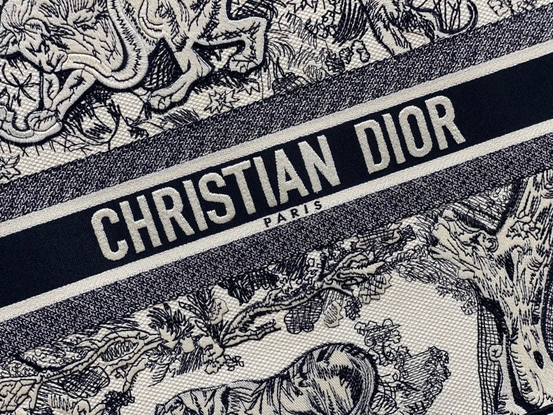 LARGE DIOR BOOK TOTE Ecru and Blue Toile de Jouy Embroidery 16.5 x 14 x 7.5 inches