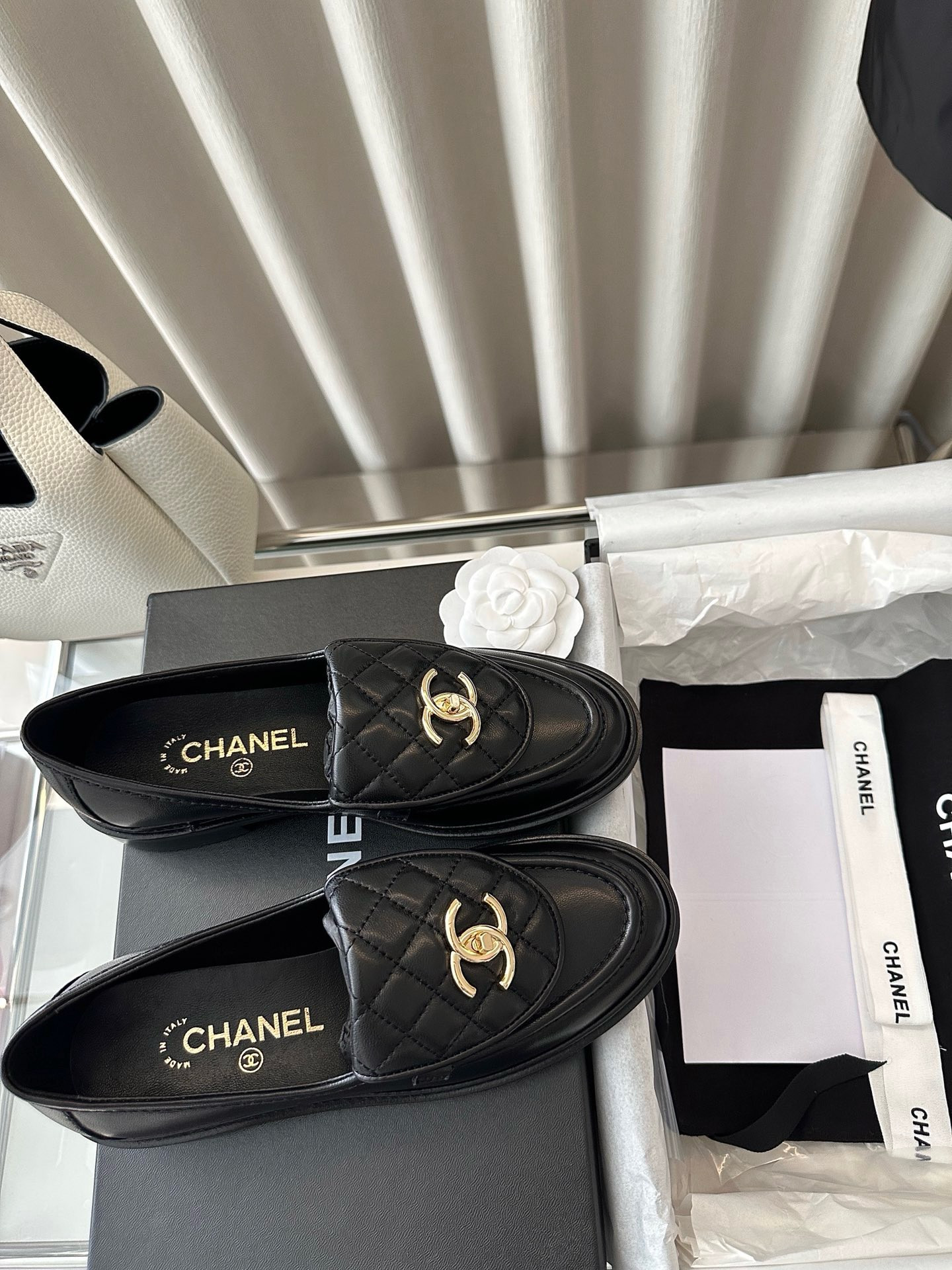 Chanel Quilted Tab Loafers  Black Leather